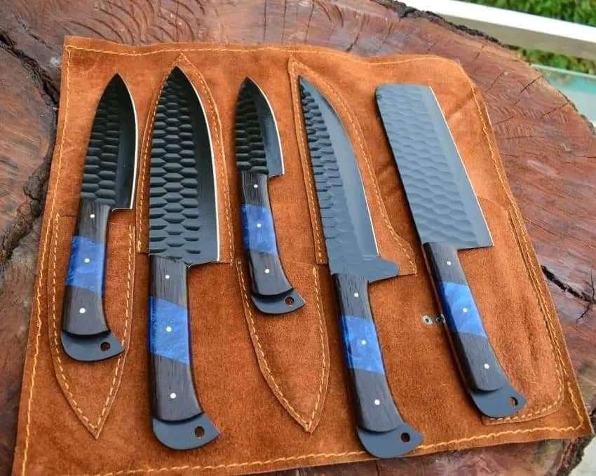 Custom handmade D2 steel kitchen chef set + 06 matching steaks with leather roll