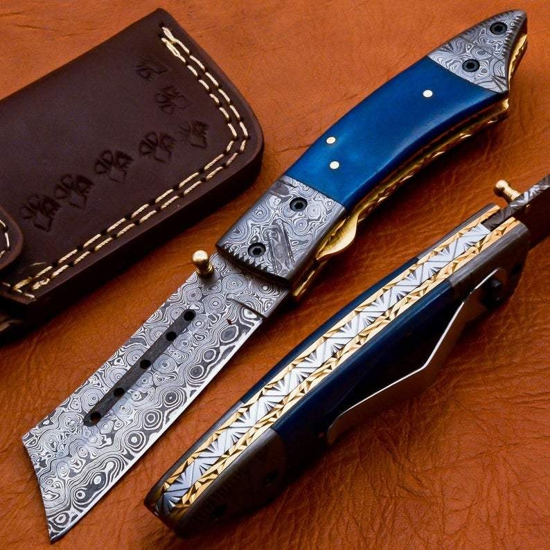 custom handmade damascus steel folding knife with leather sheath