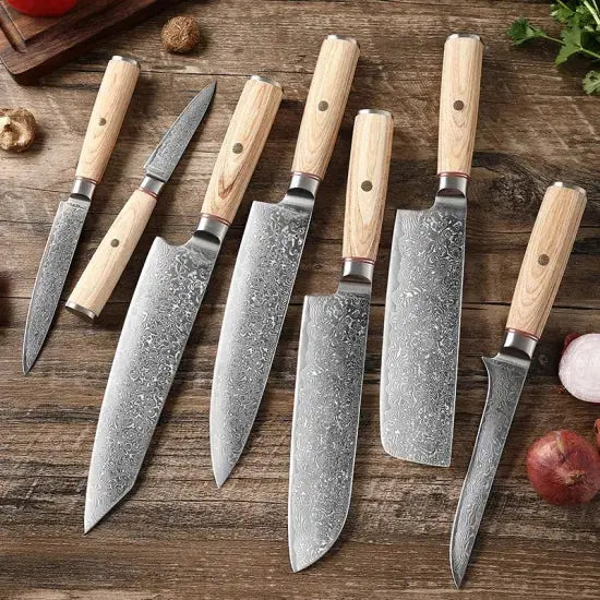 Custom handmade damascus steel kitchen chef set with leather roll 07 pcs - Image #1