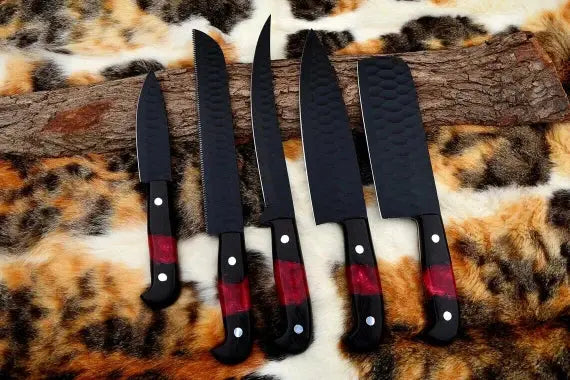 Custom handmade d2 steel kitchen chef set with leather roll 05 pcs - Image #3