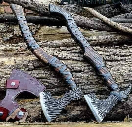 Custom handmade D2 steel viking axe pair with leather sheath