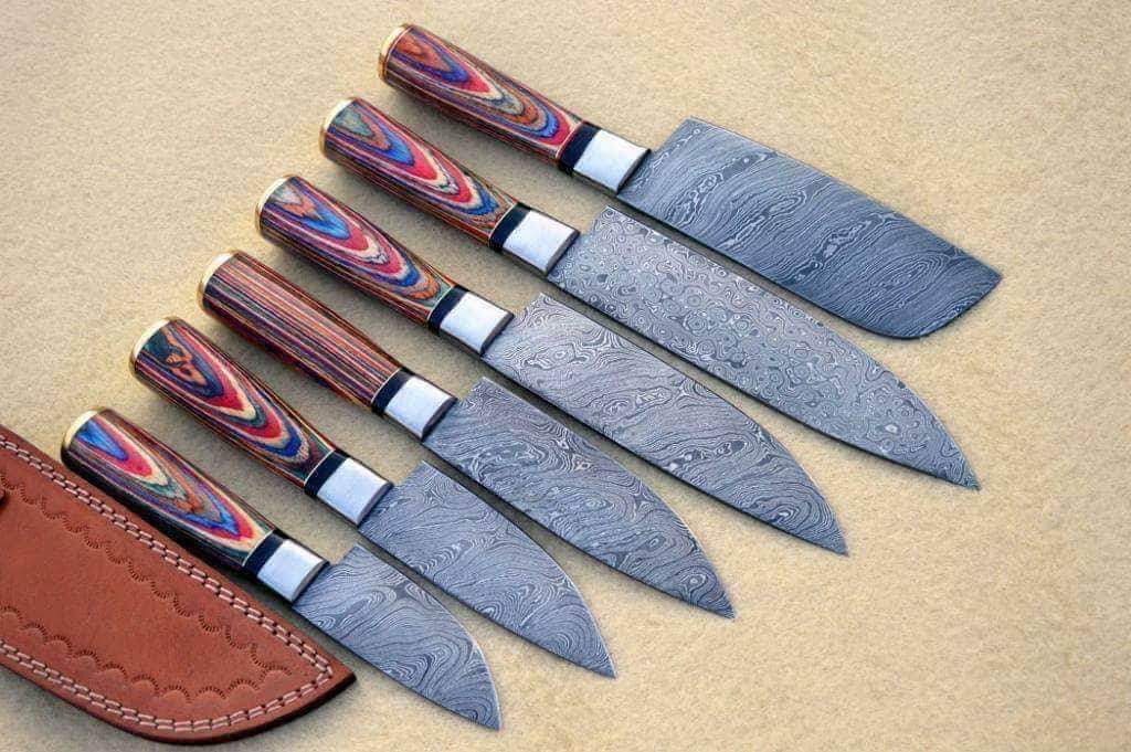 Custom handmade damascus steel kitchen chef set with leather roll 06 pcs