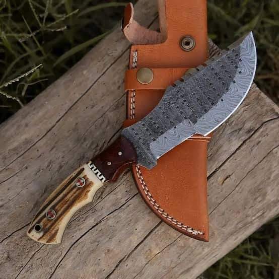 Custom handmade damascus steel Tracker knife with leather sheath