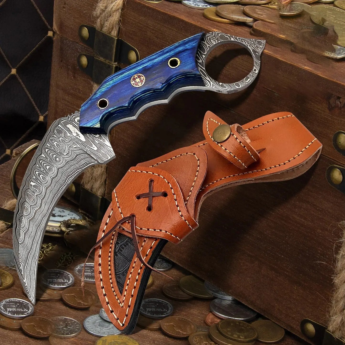 Custom handmade damascus steel karambit pair with leather sheath - Image #1