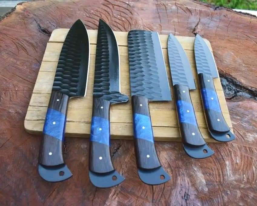 Custom handmade D2 steel kitchen chef set + 06 matching steaks with leather roll