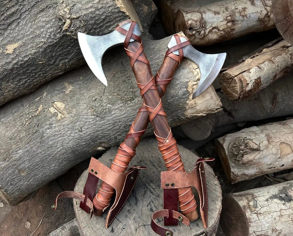 Custom handmade D2 steel viking axe pair with leather sheath - Image #1