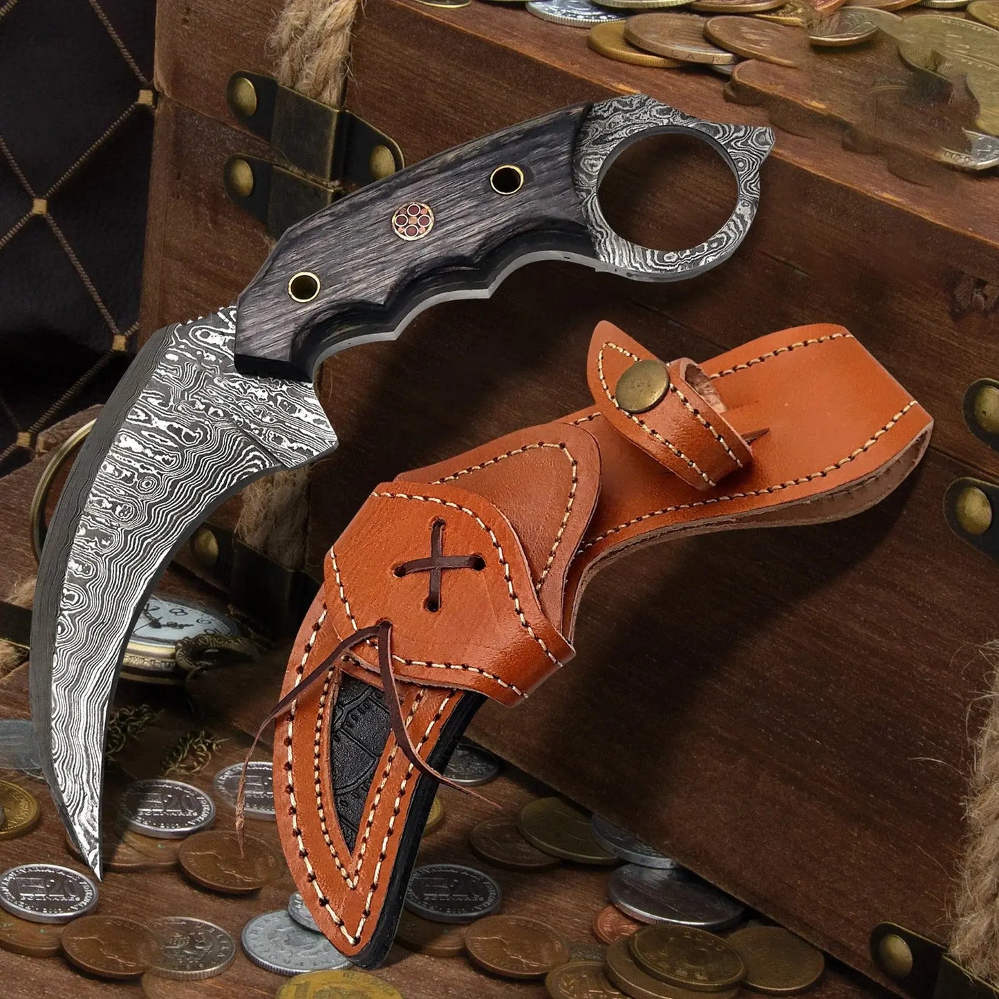 Custom handmade damascus steel karambit pair with leather sheath - Image #2