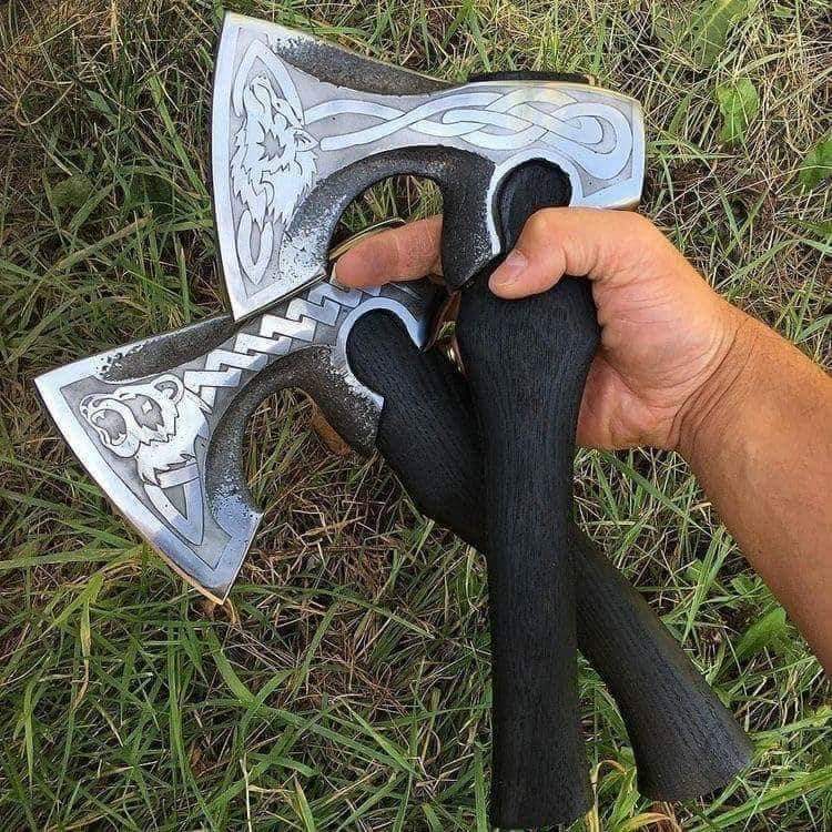 Custom handmade D2 steel viking axe pair with leather sheath