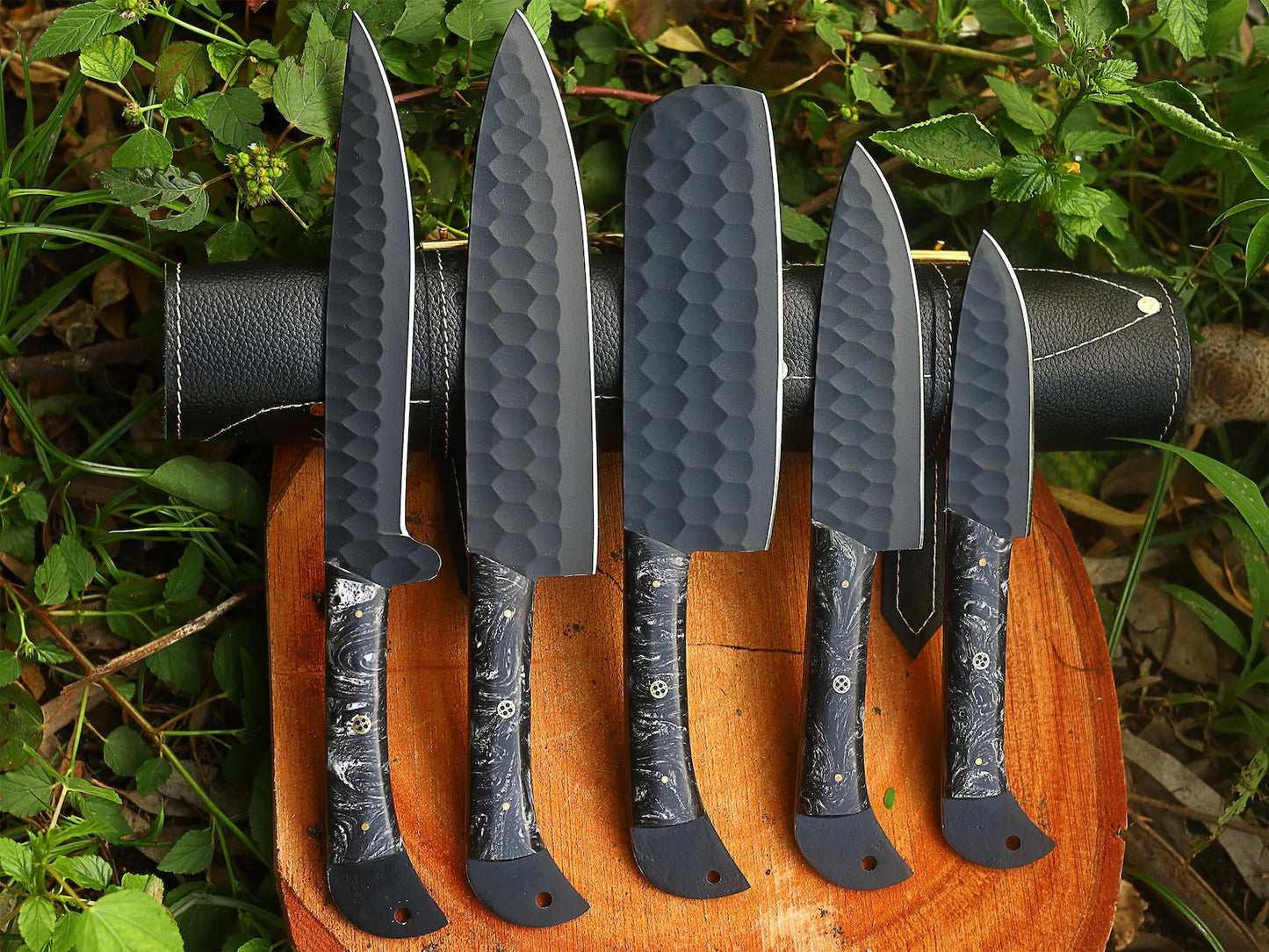 Custom handmade D2 steel kitchen chef set with leather roll/Black