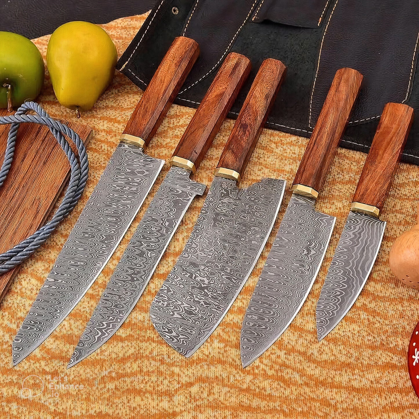 Custom handmade Damascus steel kitchen chef set with leather roll!