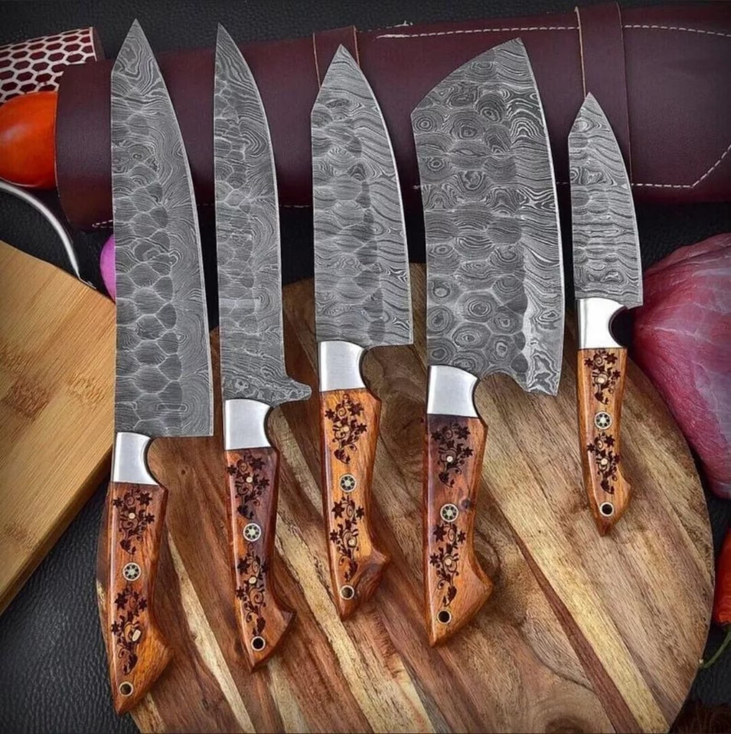 Custom handmade damascus steel kitchen chef set with leather roll 05 pcs