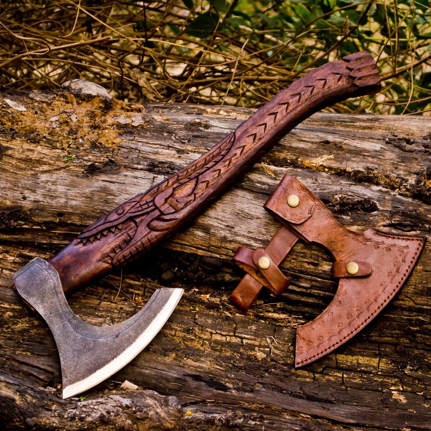 Custom handmade D2 steel viking axe with leather sheath