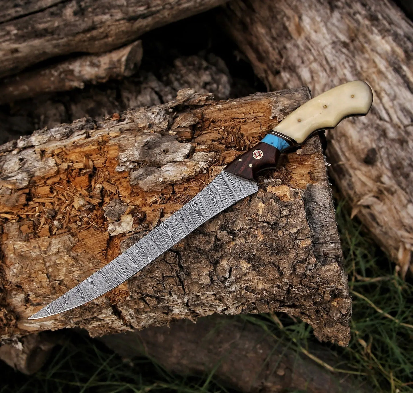 Custom handmade damascus steel fish fillet knife with leather sheath - Image #3
