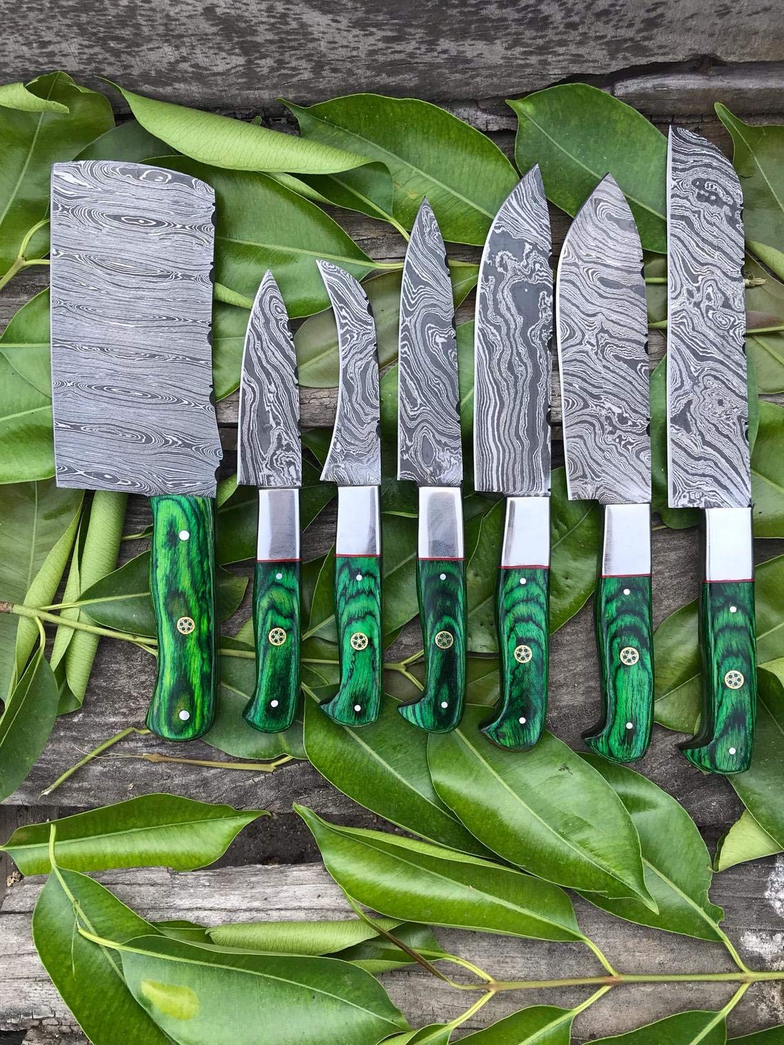 Custom handmade damascus steel kitchen chef set Green 07 pcs