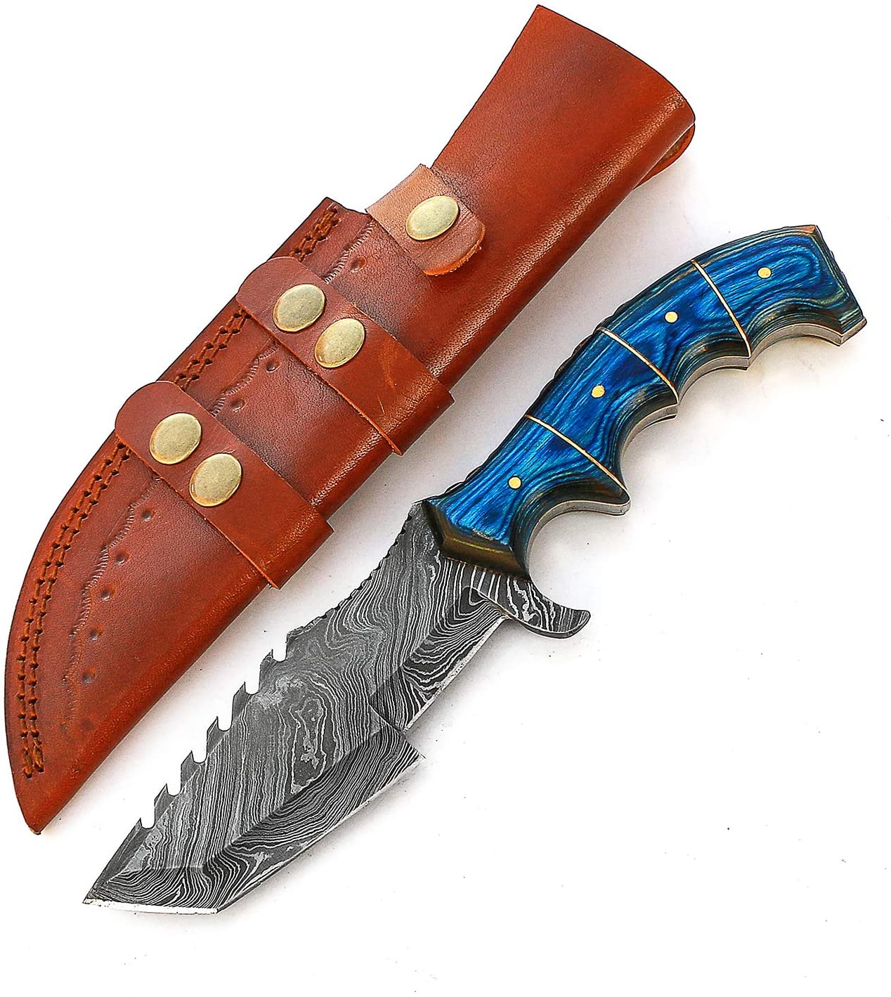 Custom handmade damascus steel Tracker knife with leather sheath