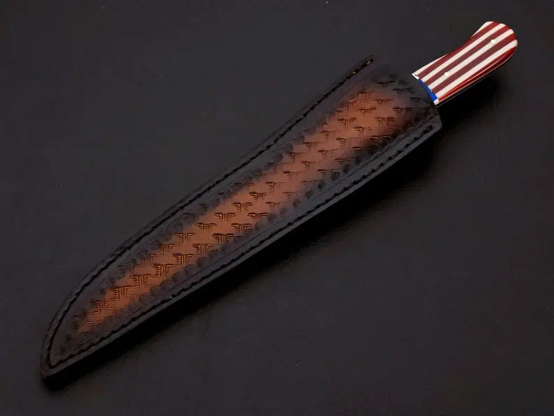 Custom handmade damascus steel fish fillet knife with leather sheath/USA Flag - Image #4