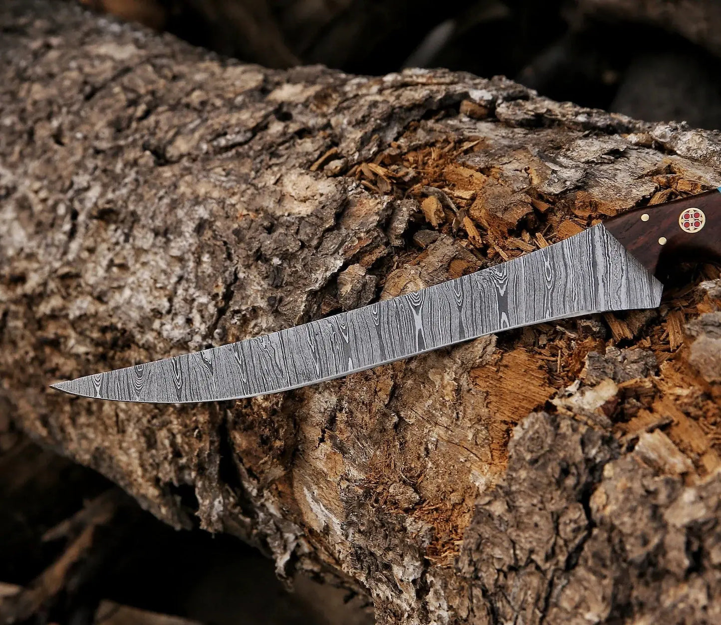 Custom handmade damascus steel fish fillet knife with leather sheath - Image #2