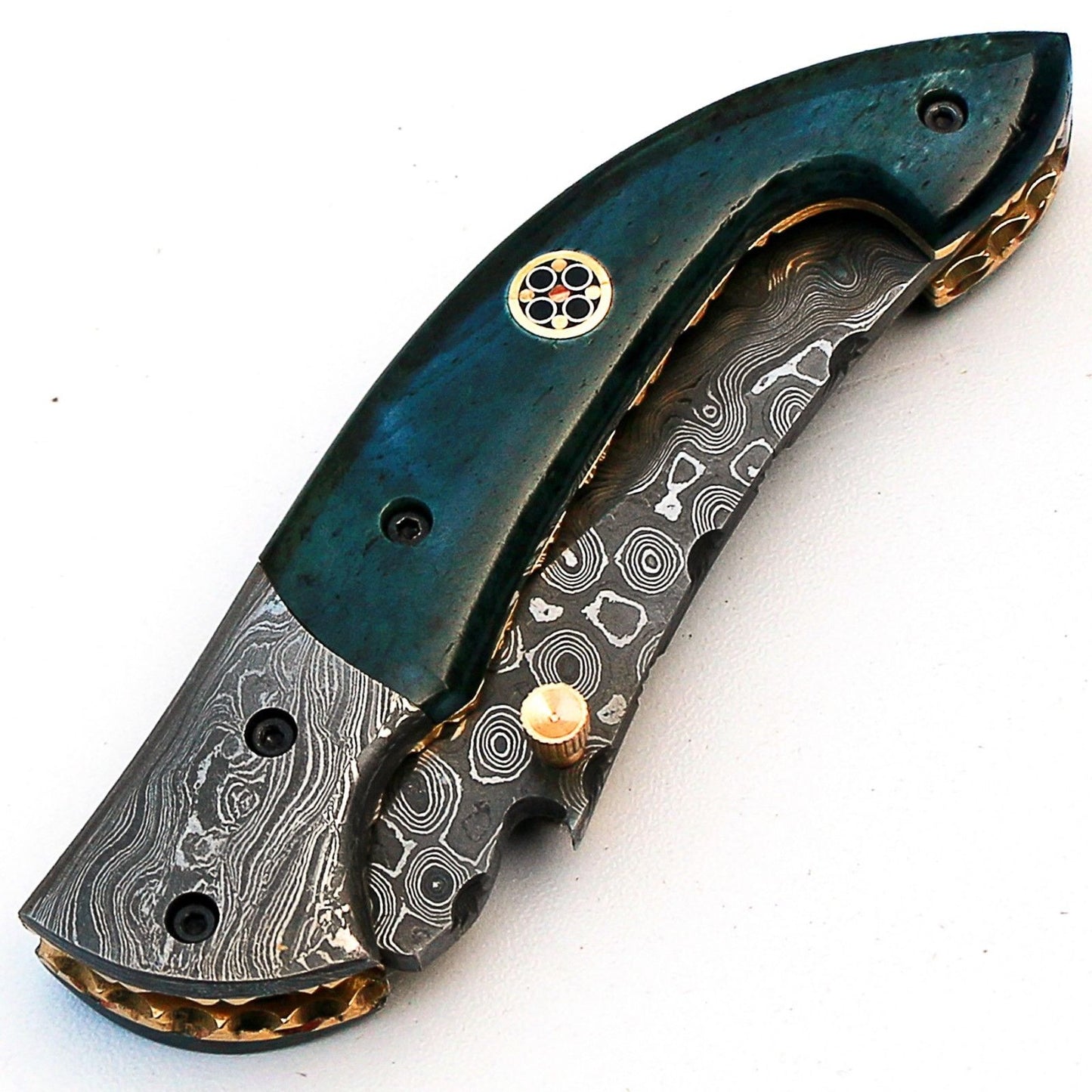 custom handmade damascus steel folding knife with leather sheath