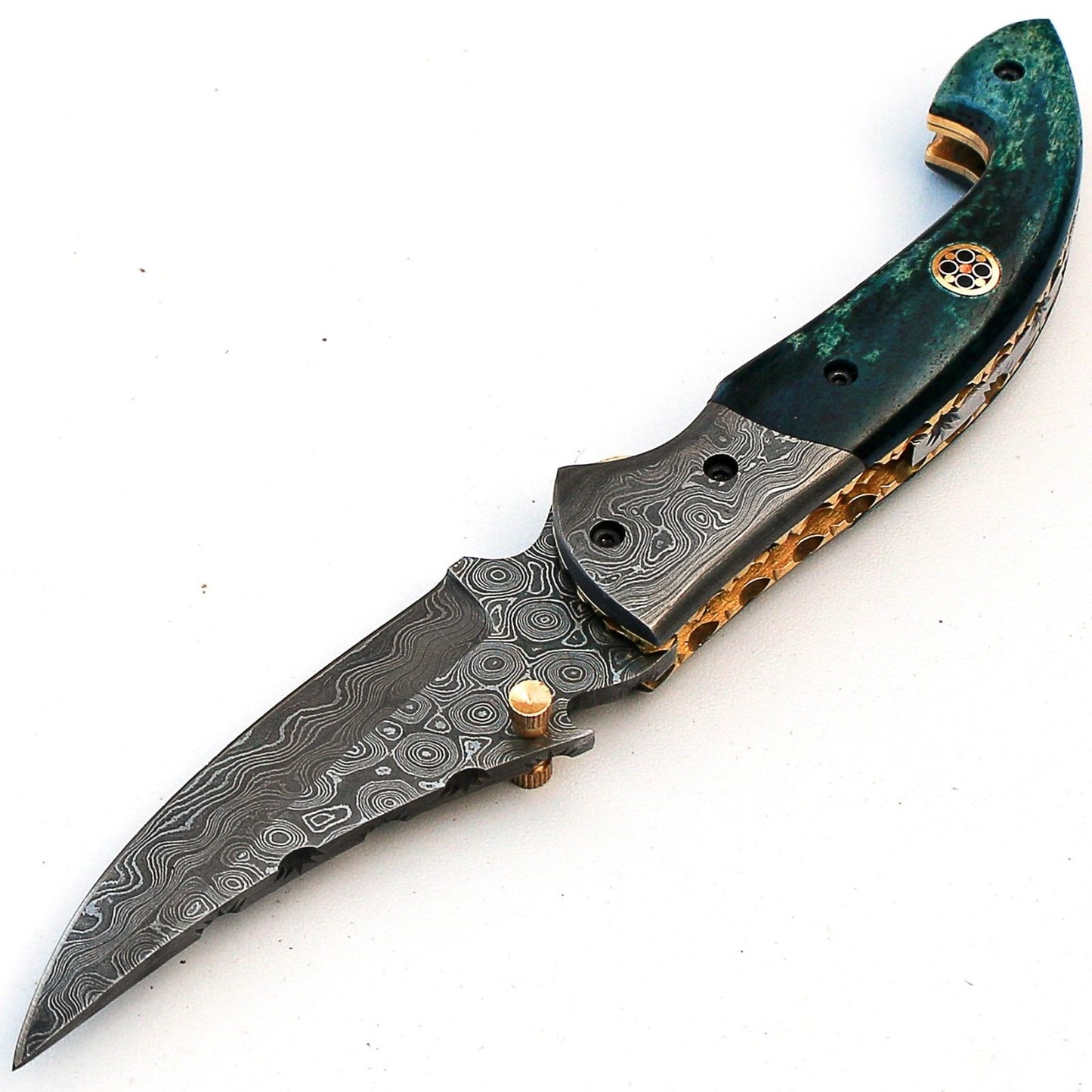 custom handmade damascus steel folding knife with leather sheath
