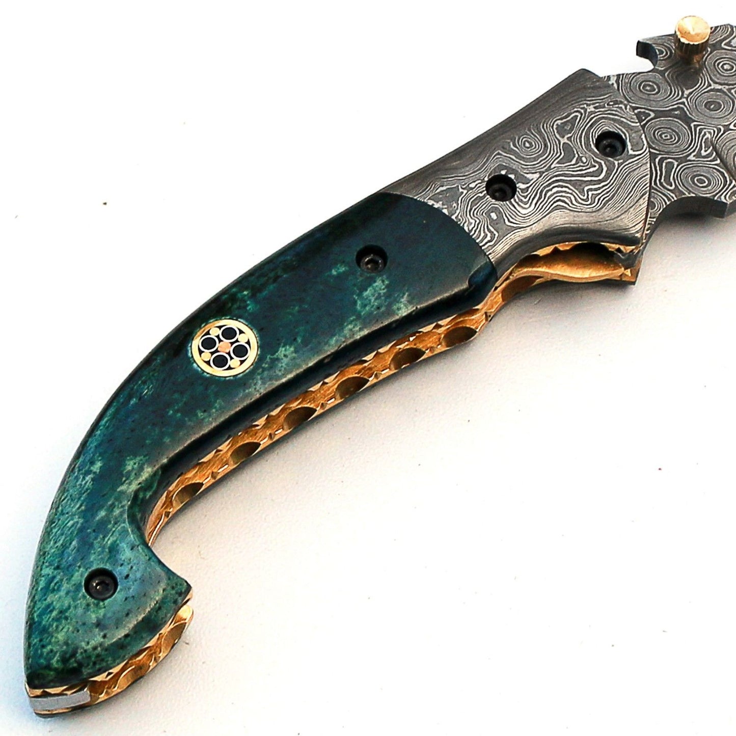 custom handmade damascus steel folding knife with leather sheath