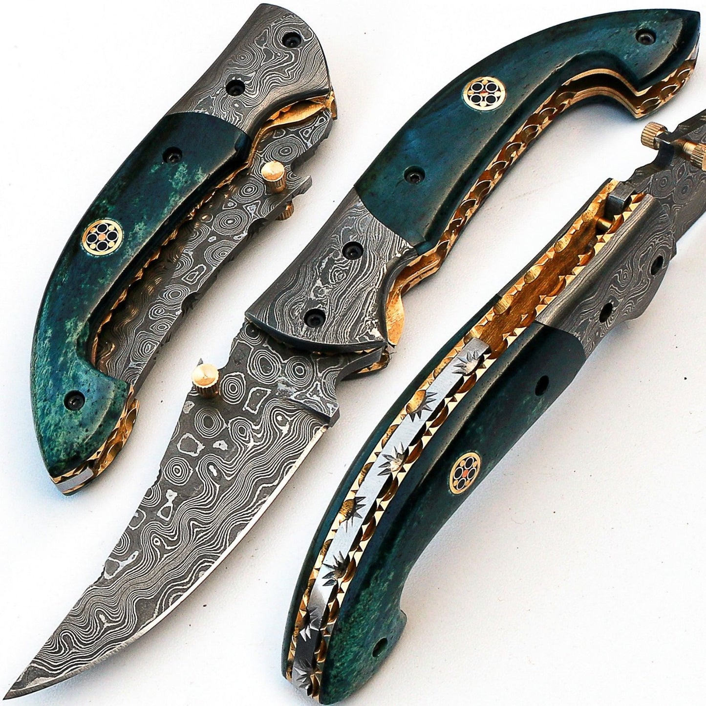 custom handmade damascus steel folding knife with leather sheath