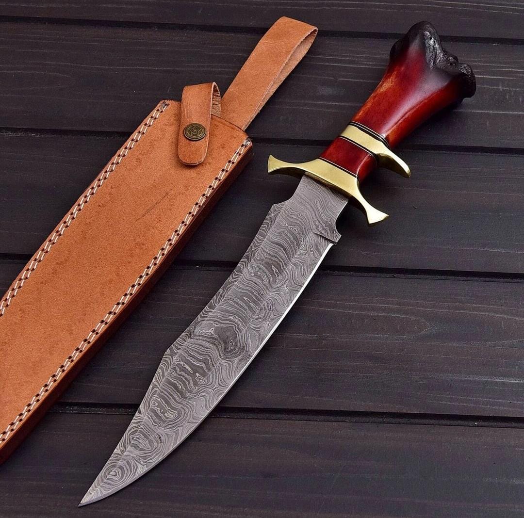 Custom handmade Damascus steel hunting bowie with leather sheath