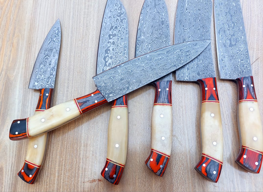 Custom handmade Damascus steel kitchen chef set with leather roll 06 pcs