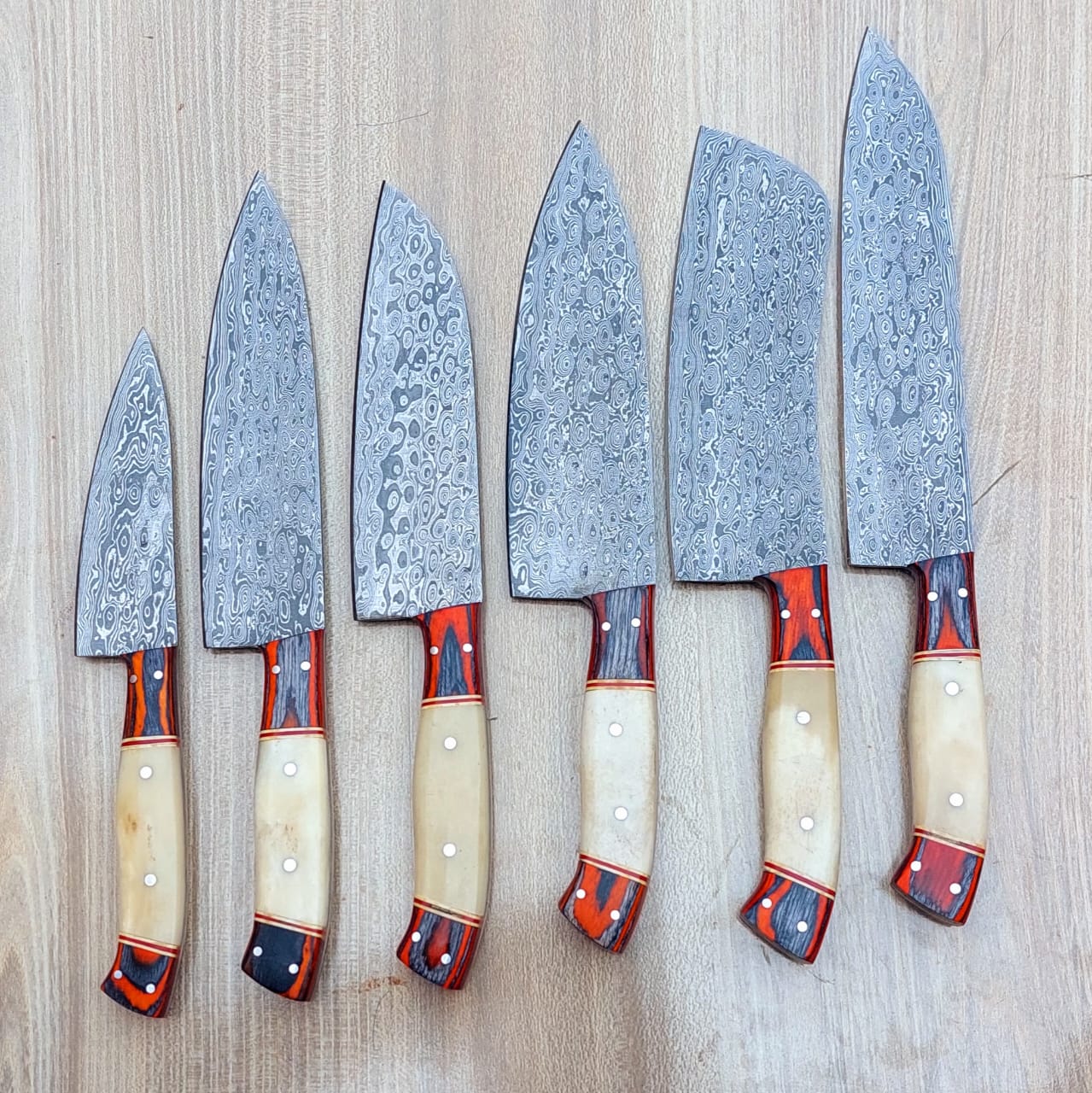 Custom handmade Damascus steel kitchen chef set with leather roll 06 pcs