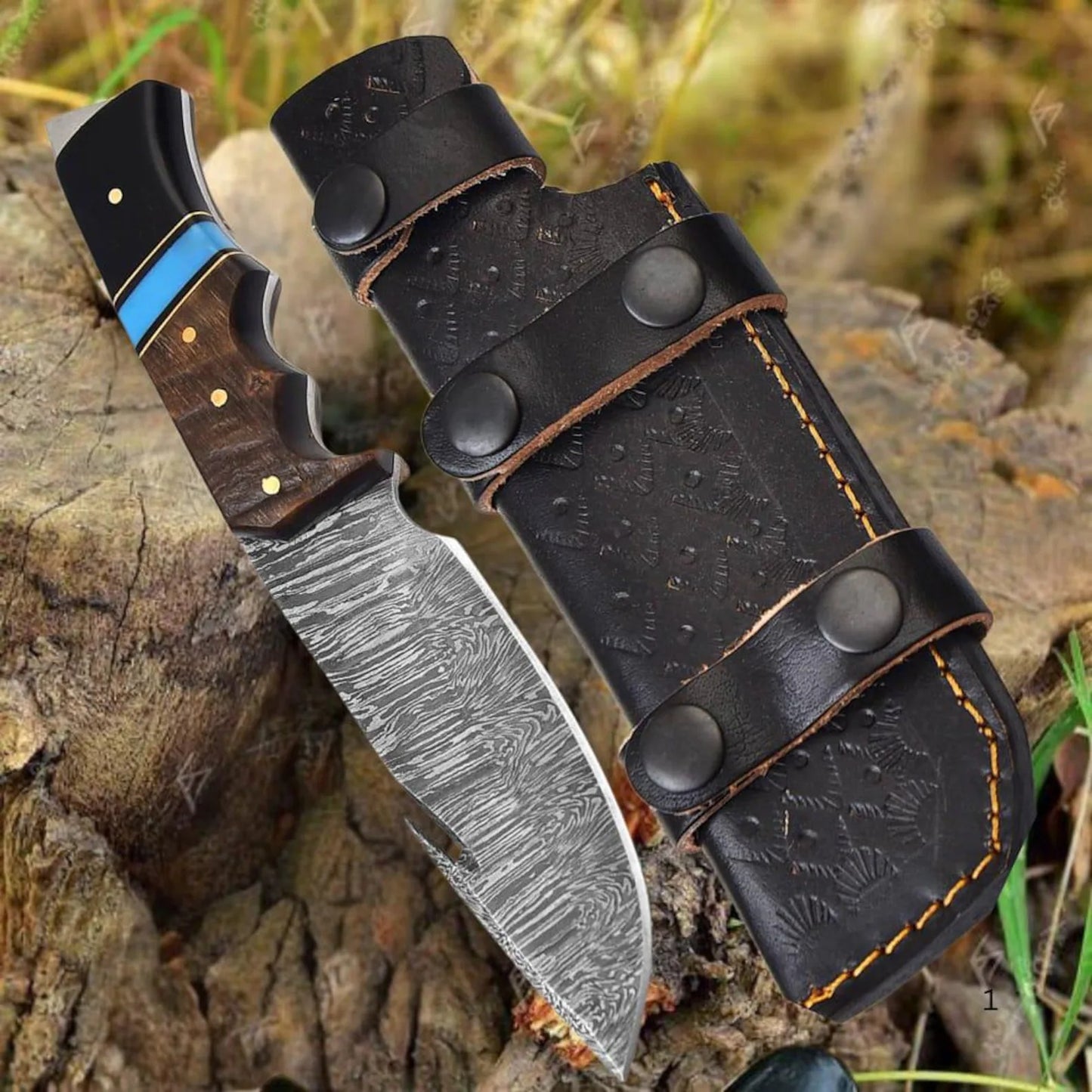 Custom handmade damascus steel skinner knife with leather sheath/Guthook blade
