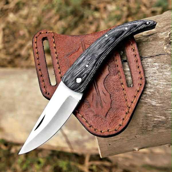 Custom handmade D2 steel folding knife with leather sheath