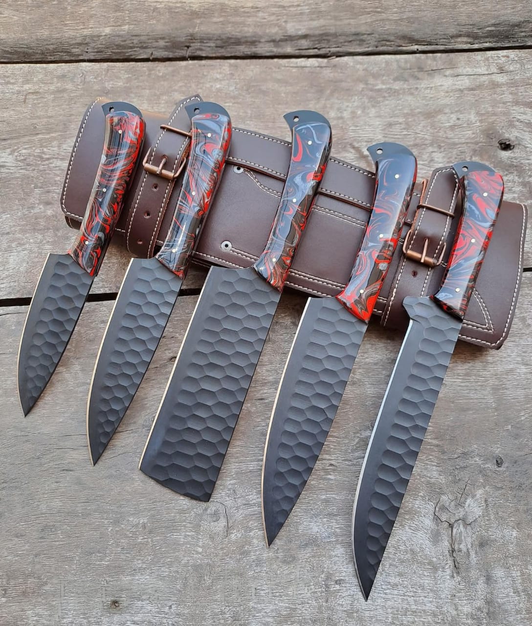 Custom handmade D2 steel kitchen chef set 05 pcs with leather roll