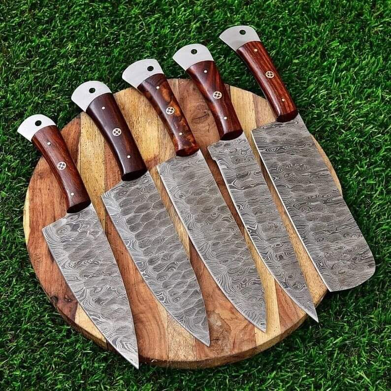 Custom handmade damascus steel kitchen chef set with leather roll 05 pcs