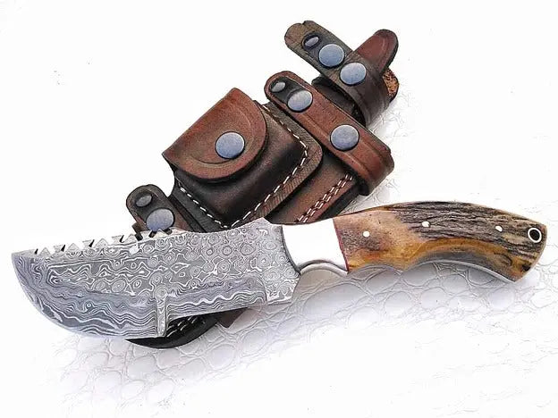 Custom handmade damascus steel Tracker knife with leather sheath/rain drop pattern - Image #1
