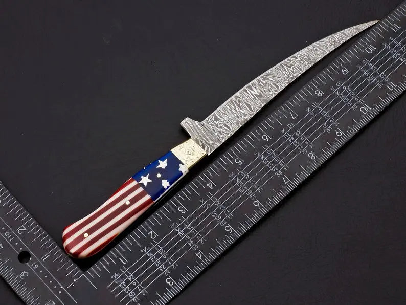 Custom handmade damascus steel fish fillet knife with leather sheath/USA Flag - Image #2