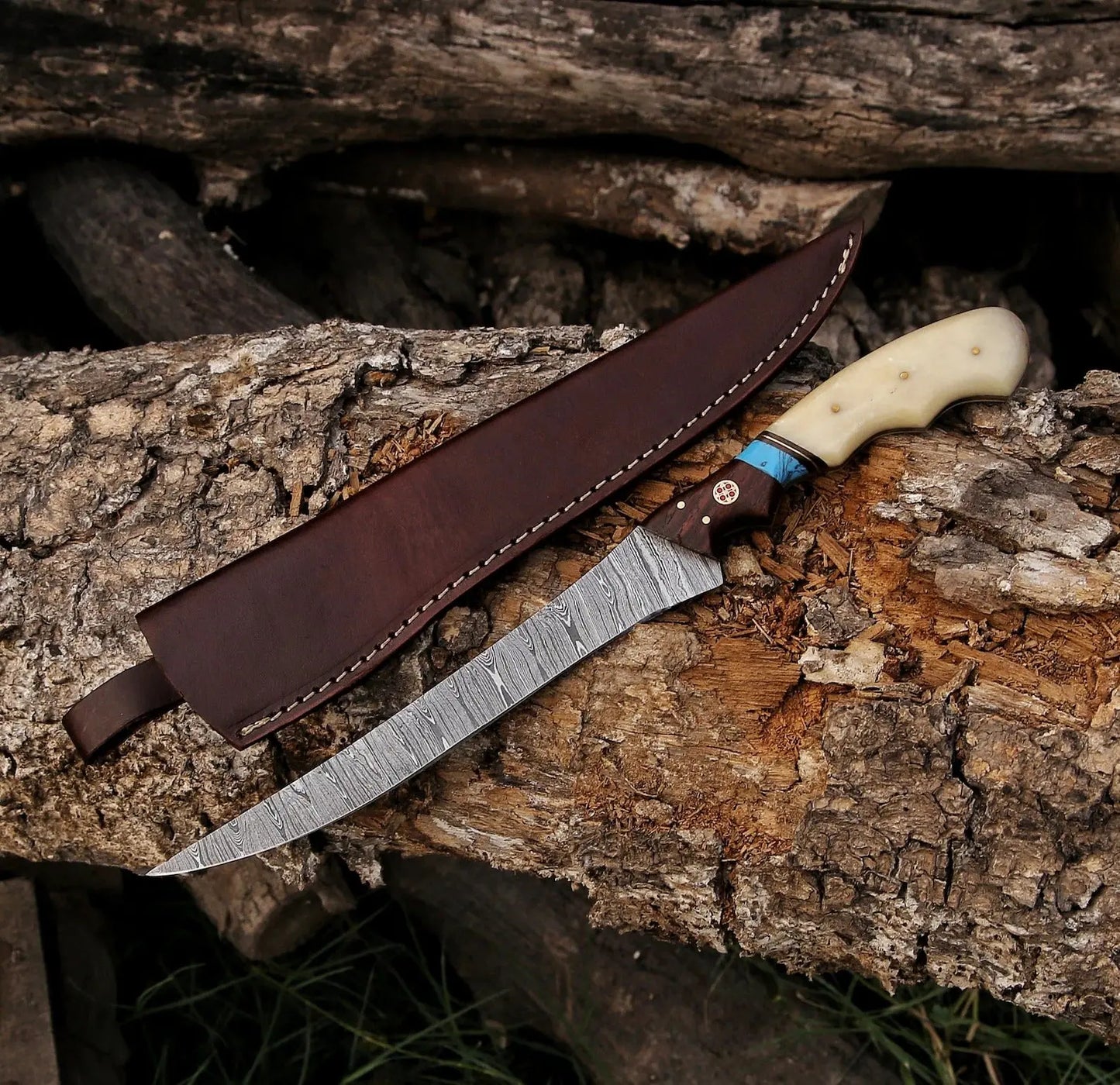 Custom handmade damascus steel fish fillet knife with leather sheath - Image #1