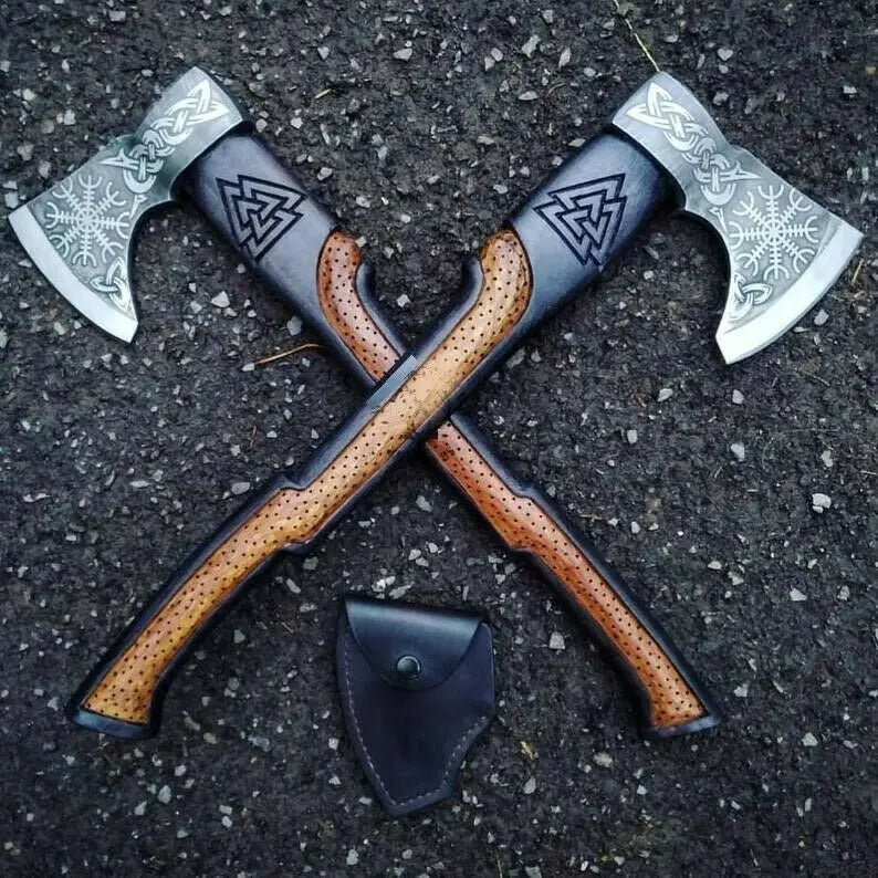 Custom handmade D2 steel viking axe pair with leather sheath - Image #1