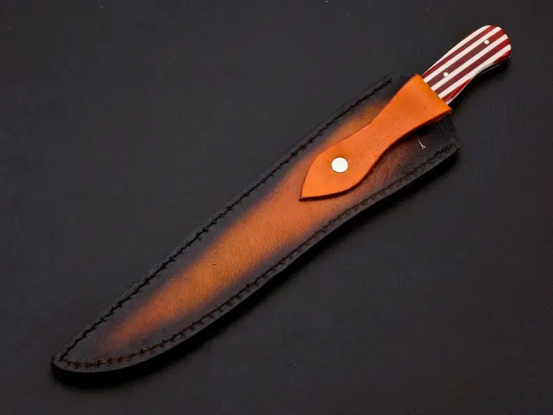Custom handmade damascus steel fish fillet knife with leather sheath/USA Flag - Image #6