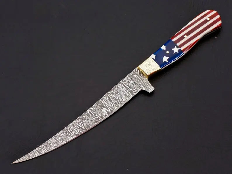 Custom handmade damascus steel fish fillet knife with leather sheath/USA Flag - Image #1