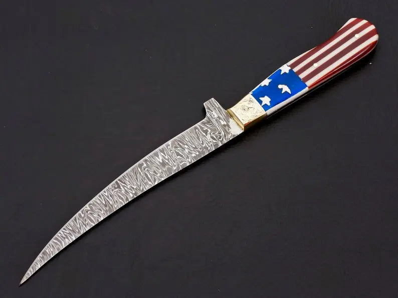 Custom handmade damascus steel fish fillet knife with leather sheath/USA Flag - Image #5