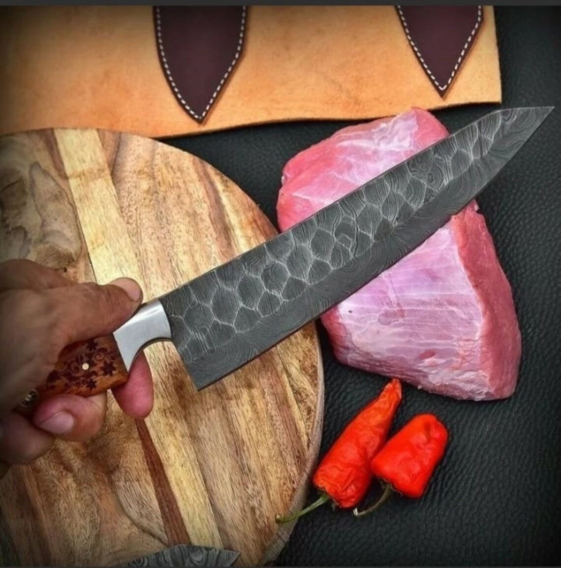 Custom handmade damascus steel kitchen chef set with leather roll 05 pcs