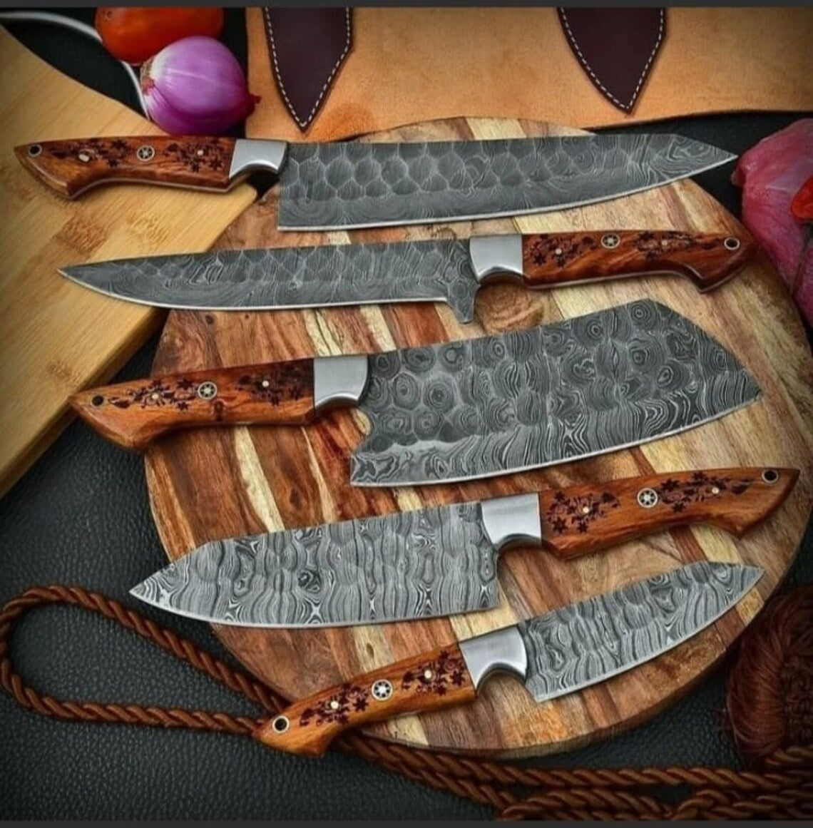Custom handmade damascus steel kitchen chef set with leather roll 05 pcs