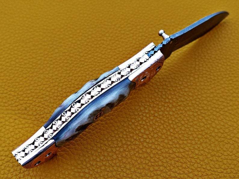 custom handmade damascus steel folding knife with leather sheath