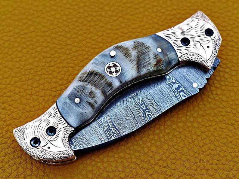 custom handmade damascus steel folding knife with leather sheath