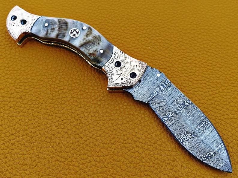 custom handmade damascus steel folding knife with leather sheath