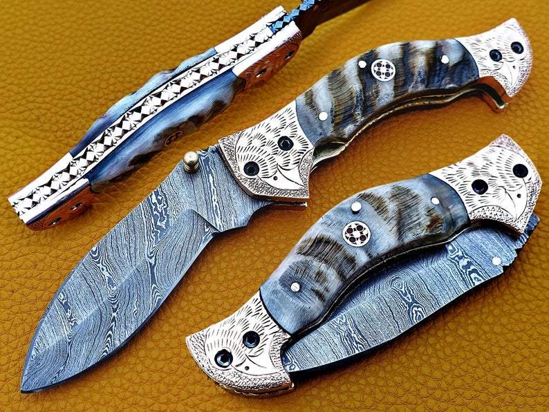 custom handmade damascus steel folding knife with leather sheath