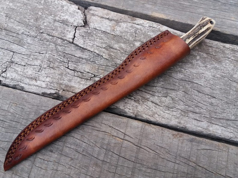 Custom handmade damascus steel fish fillet knife with leather sheath/stag horn handle