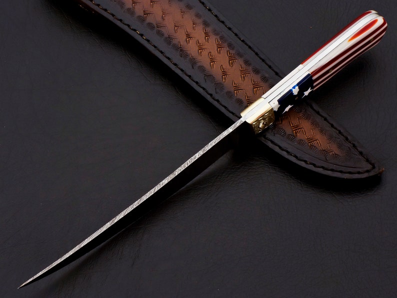 Custom handmade damascus steel fish fillet knife with leather sheath/USA Flag