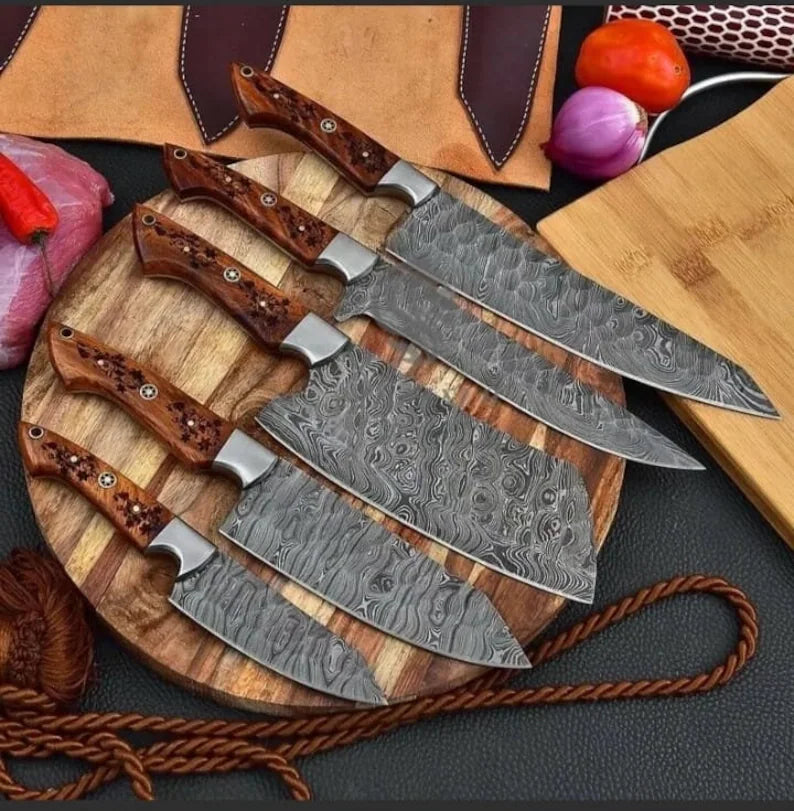 Custom handmade damascus steel kitchen chef set with leather roll 05 pcs