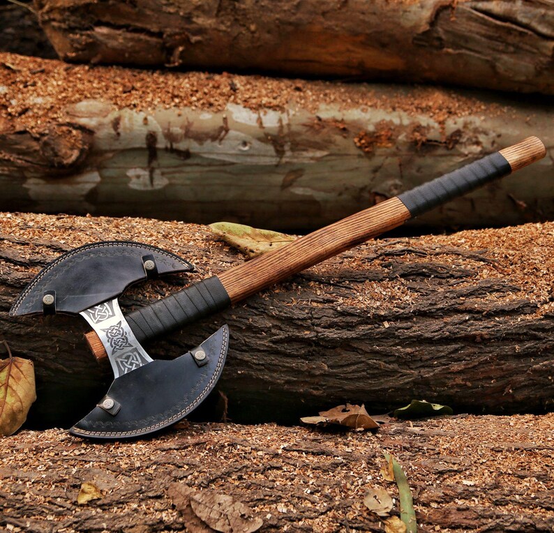 Custom handmade D2 steel viking axe/Dual Head with leather sheath