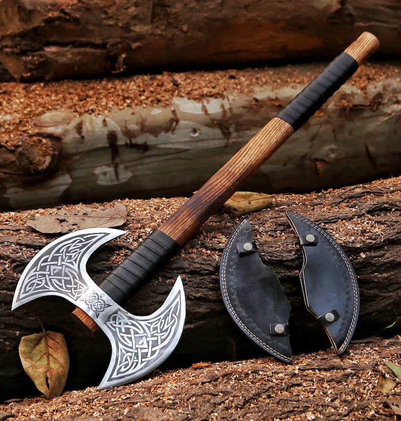 Custom handmade D2 steel viking axe/Dual Head with leather sheath